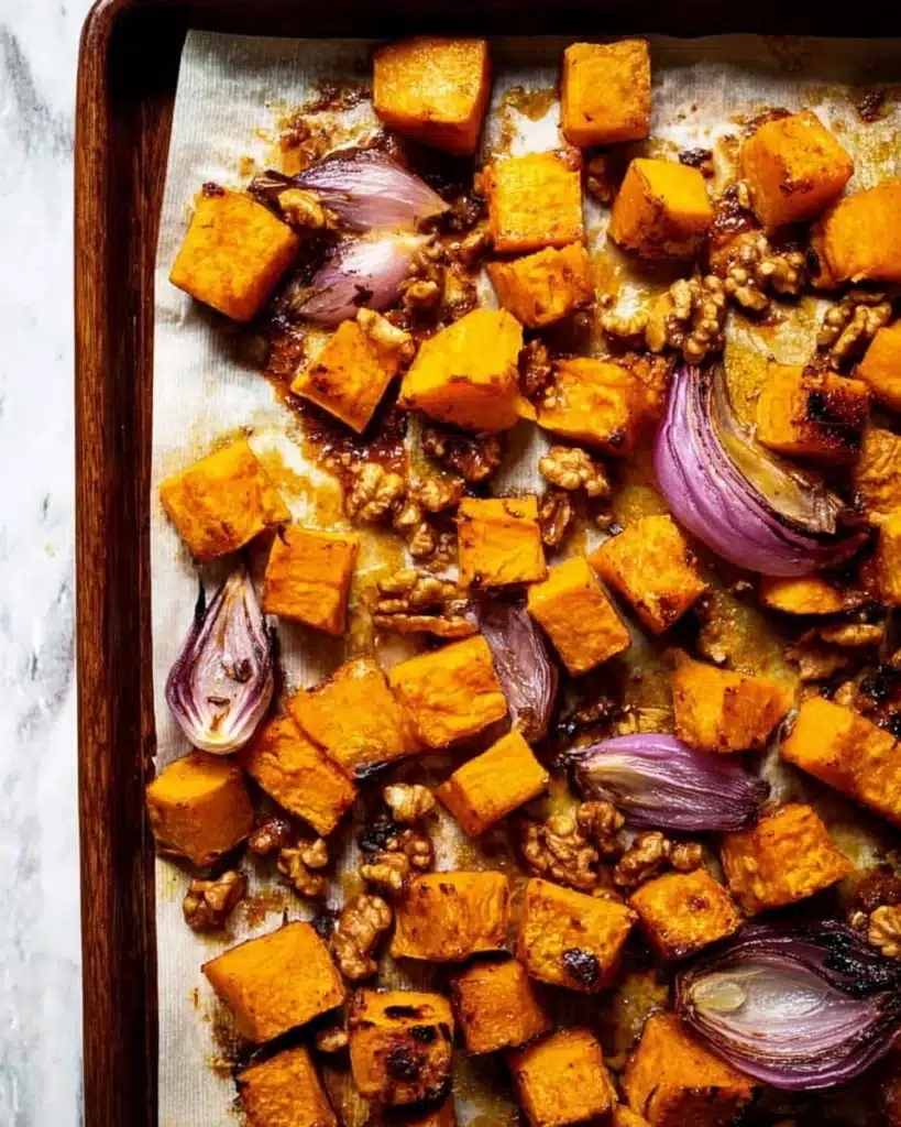 Roasted pumpkin with chili, onions, and walnuts on a baking tray