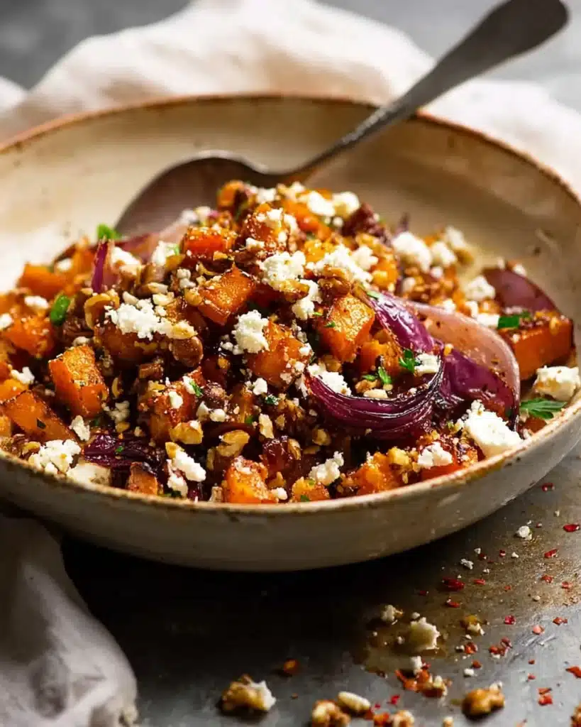 Maple roasted pumpkin with chili, walnuts, and feta in a rustic bowl