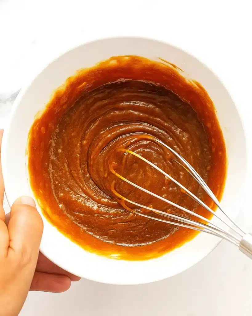 Sesame peanut dressing ingredients in a bowl with a whisk.