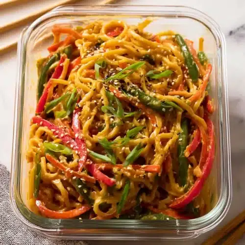 Noodle salad with sesame peanut dressing, fresh vegetables, and sesame seeds in a bowl.