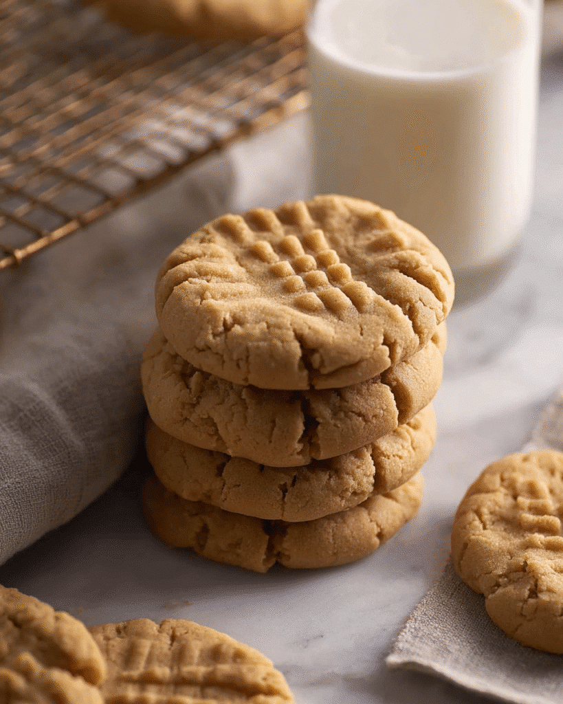 Stack of peanut butter cookies with milk on marble surface