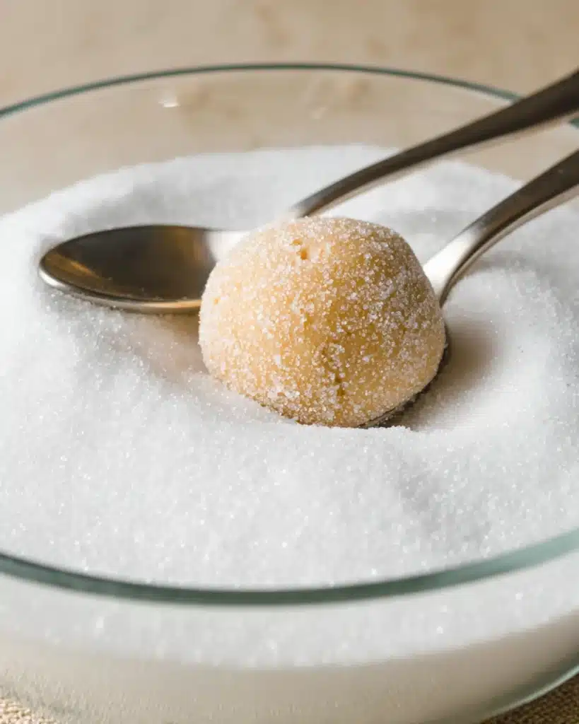 Peanut butter cookie dough ball rolled in sugar in a bowl
