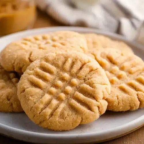 Golden brown peanut butter cookies with fork marks on a plate