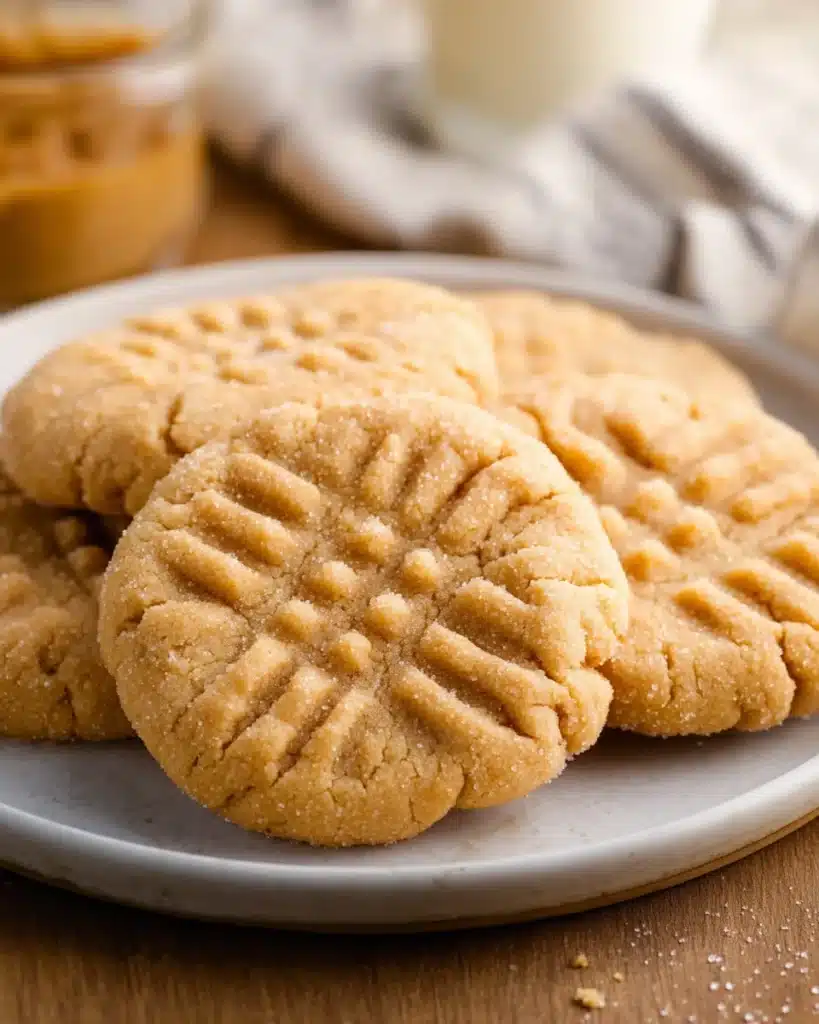 Golden brown peanut butter cookies with fork marks on a plate