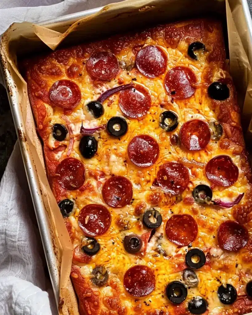 Easy Homemade Pizza Bread (Perfect for Lunchboxes and Snacks) 3 Freshly baked pizza bread in a pan with cheese, pepperoni, and olives