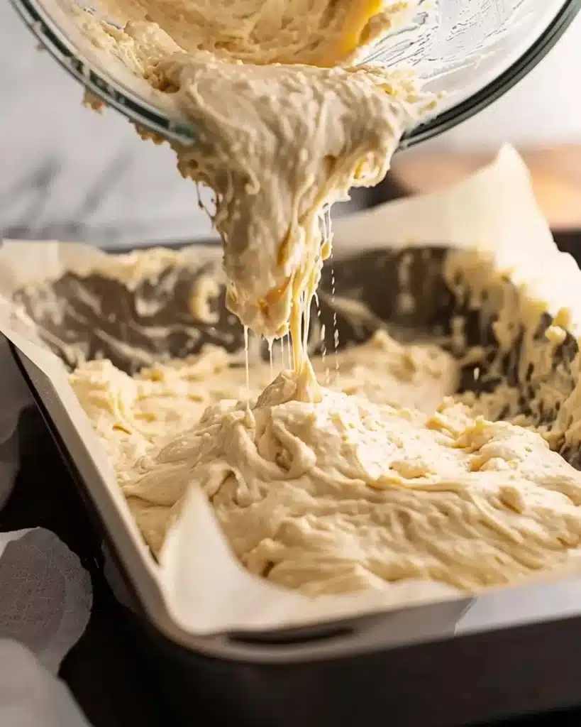 Easy Homemade Pizza Bread (Perfect for Lunchboxes and Snacks) 2 Pouring pizza bread batter into a parchment-lined baking pan