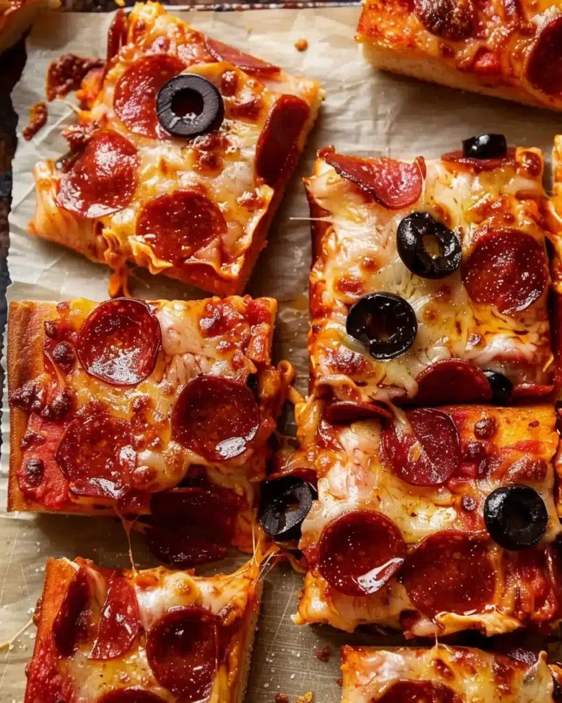 Easy Homemade Pizza Bread (Perfect for Lunchboxes and Snacks) 4 Sliced homemade pizza bread served with cheese, pepperoni, and olives