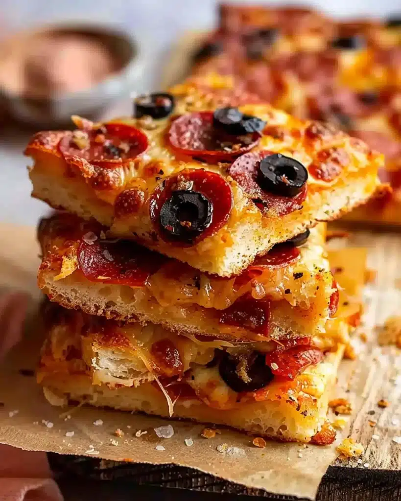 Easy Homemade Pizza Bread (Perfect for Lunchboxes and Snacks) 1 Stacked slices of cheesy homemade pizza bread with pepperoni and olives