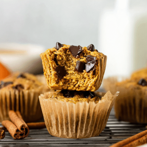 Pumpkin Chocolate Chip Protein Muffins 5 Pumpkin chocolate chip protein muffin with bite showing fluffy texture