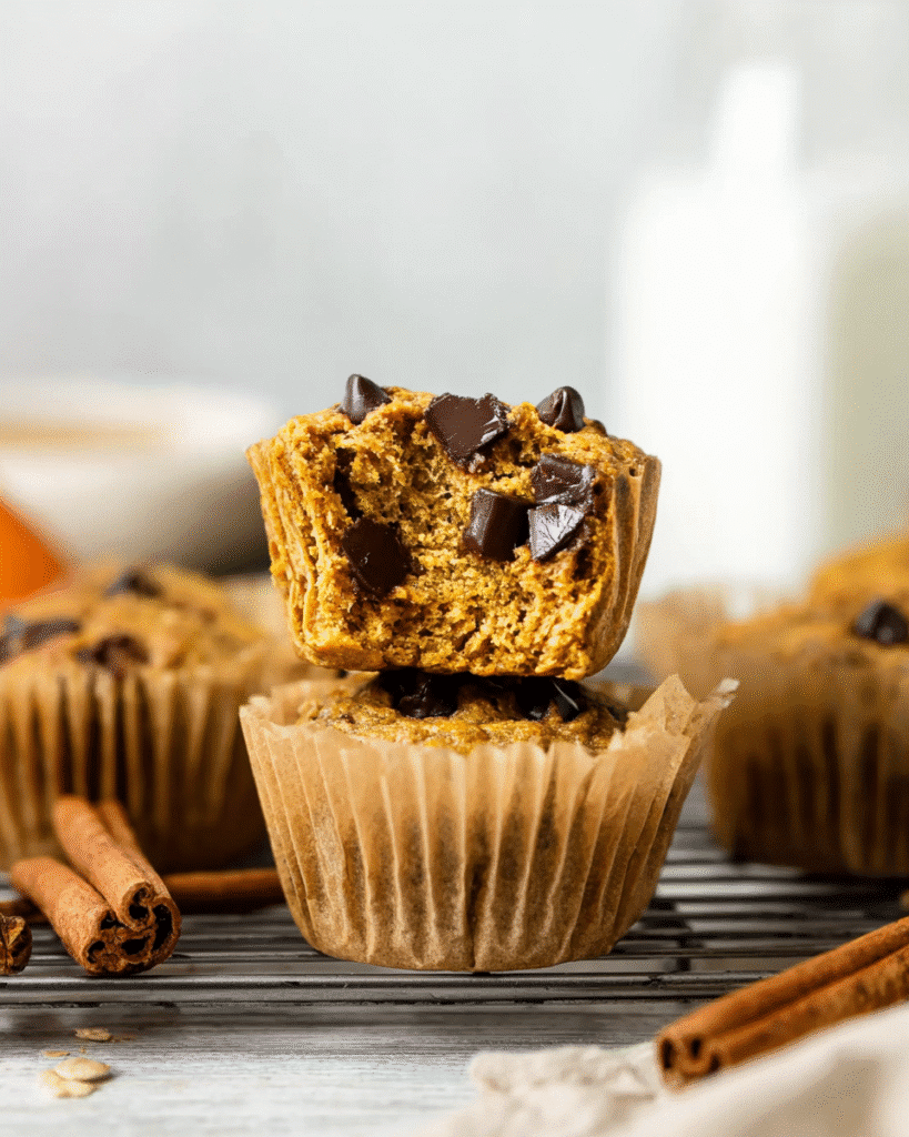 Pumpkin Chocolate Chip Protein Muffins 1 Pumpkin chocolate chip protein muffin with bite showing fluffy texture