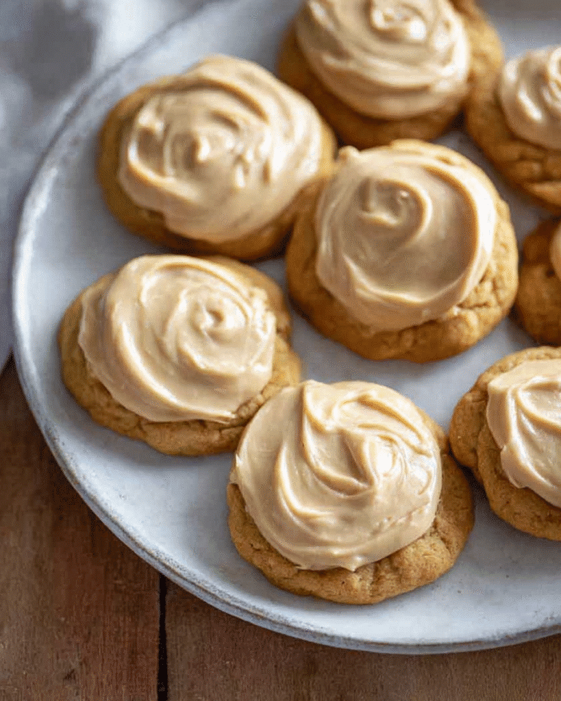 Pumpkin Cookies with Caramel Frosting | Best Cozy Thanksgiving Dessert 1 Pumpkin cookies with caramel frosting on a plate, soft and frosted