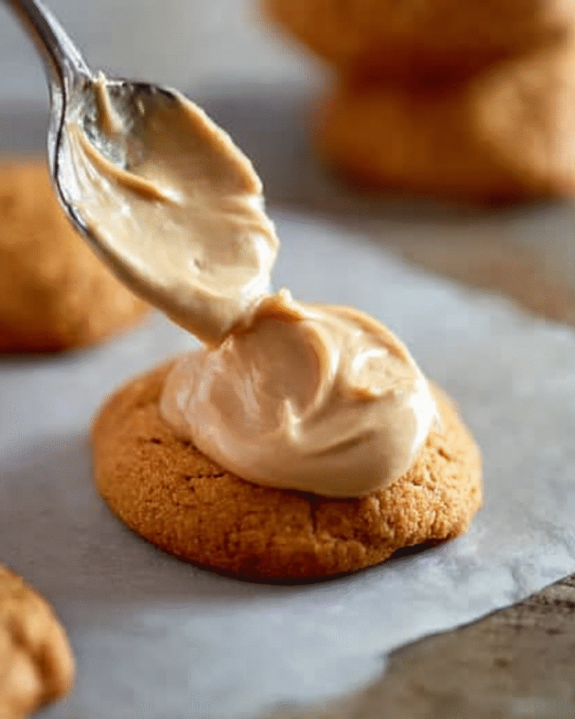 Pumpkin Cookies with Caramel Frosting | Best Cozy Thanksgiving Dessert 4 Spoon spreading caramel frosting on a soft pumpkin cookie
