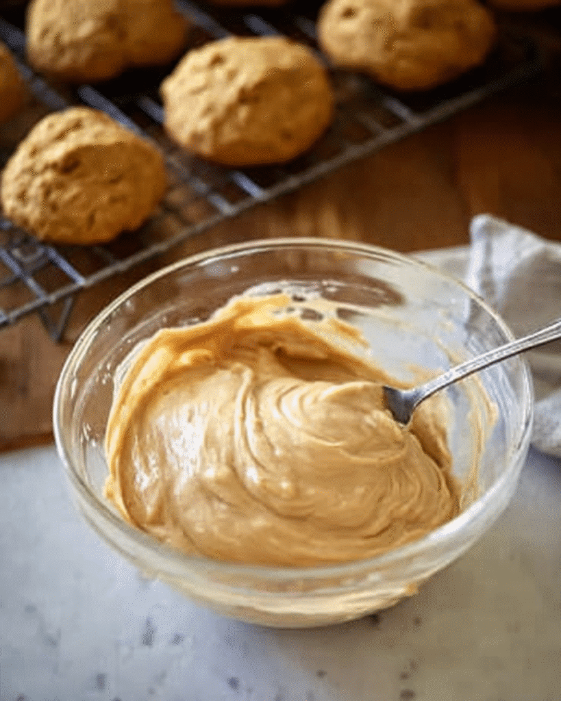 Pumpkin Cookies with Caramel Frosting | Best Cozy Thanksgiving Dessert 3 Glass bowl of caramel frosting with unfrosted pumpkin cookies