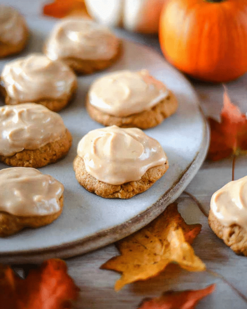 Pumpkin Cookies with Caramel Frosting | Best Cozy Thanksgiving Dessert 2 Pumpkin cookies with caramel frosting and fall decorations