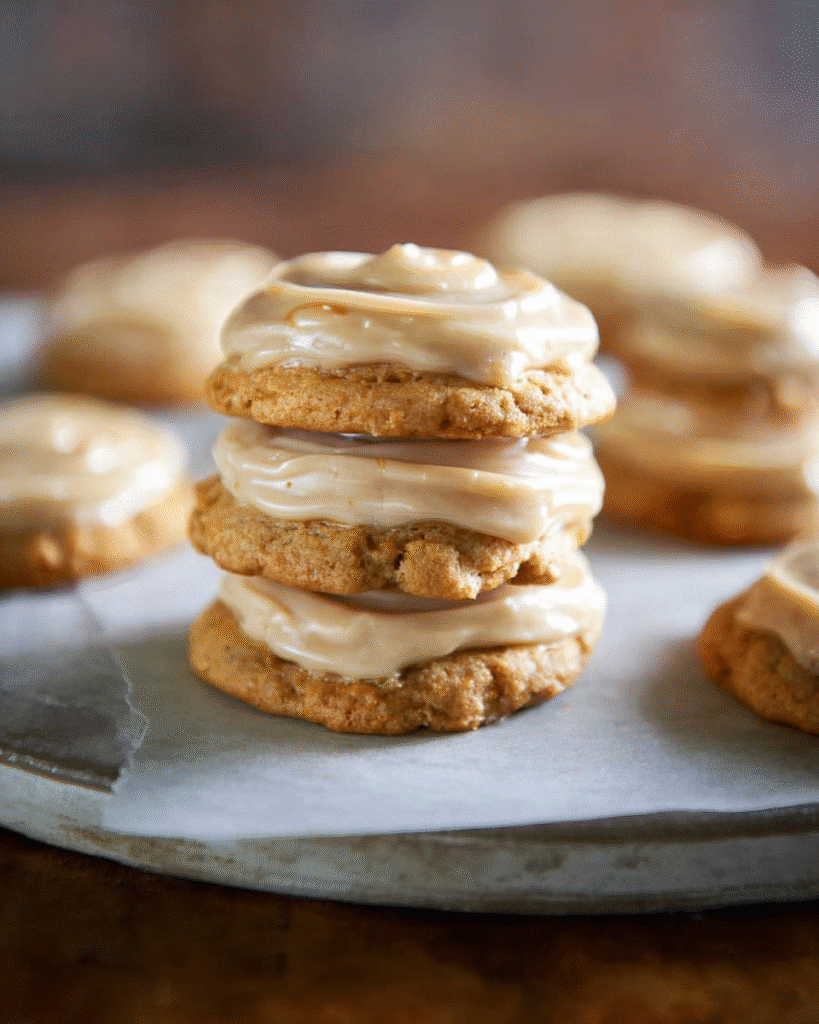 Pumpkin Cookies with Caramel Frosting | Best Cozy Thanksgiving Dessert 5 Stack of pumpkin cookies with caramel frosting on marble