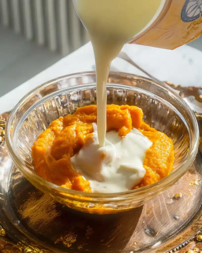 Pumpkin puree, yogurt, and milk in a bowl for Pumpkin French Toast custard