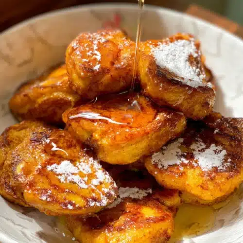 Pumpkin French Toast bites with maple syrup and powdered sugar in a white bowl
