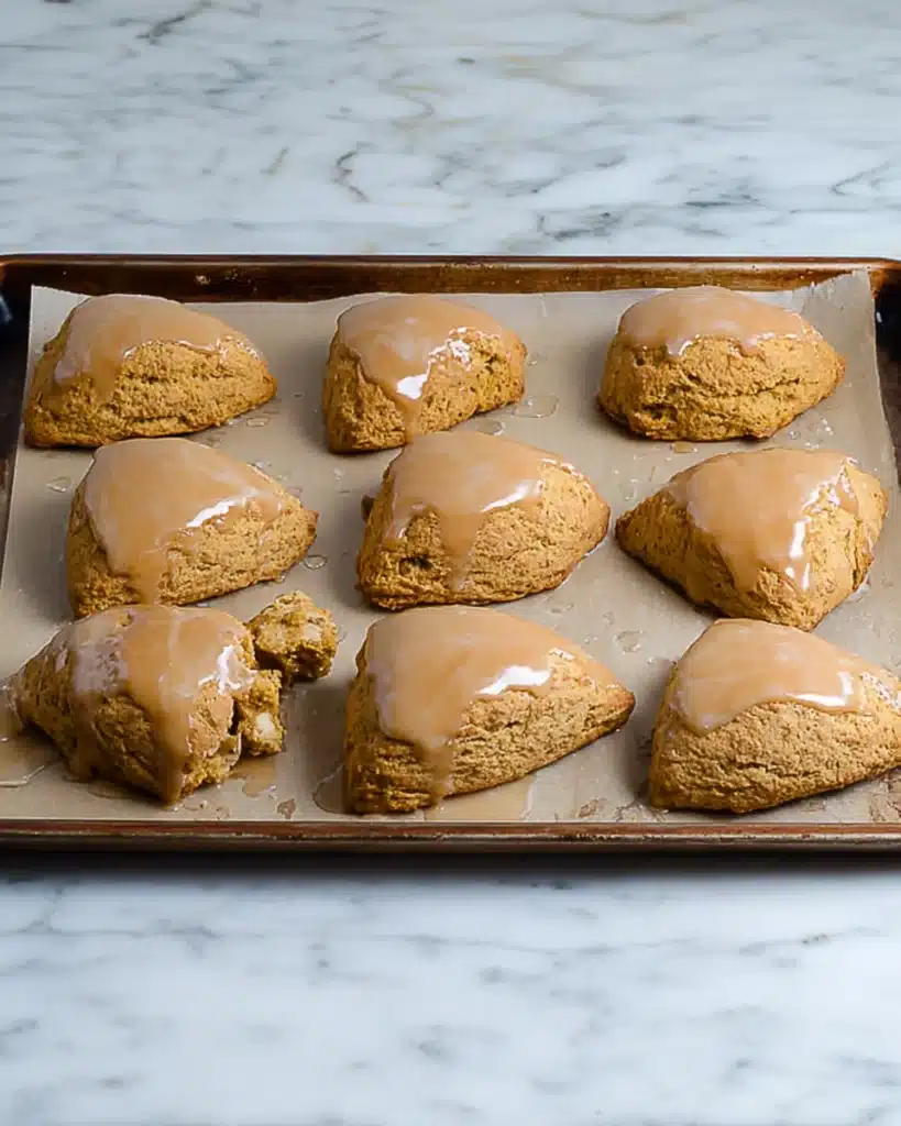Pumpkin Scones Recipe – Perfect Fall Treat 12 Pumpkin scones topped with glossy spiced glaze on baking tray