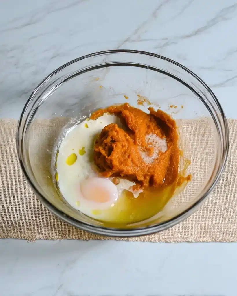 Pumpkin Scones Recipe – Perfect Fall Treat 2 Pumpkin scones wet ingredients in a glass bowl on marble