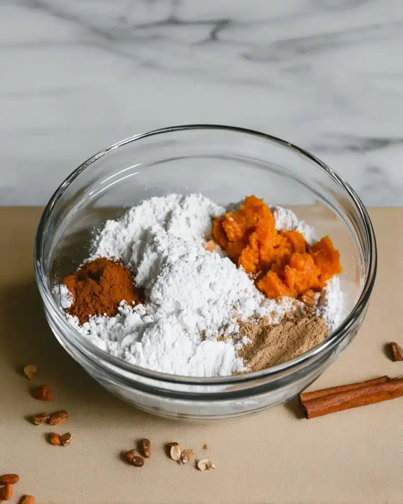 Pumpkin Scones Recipe – Perfect Fall Treat 10 Pumpkin glaze ingredients in glass bowl with sugar and spices