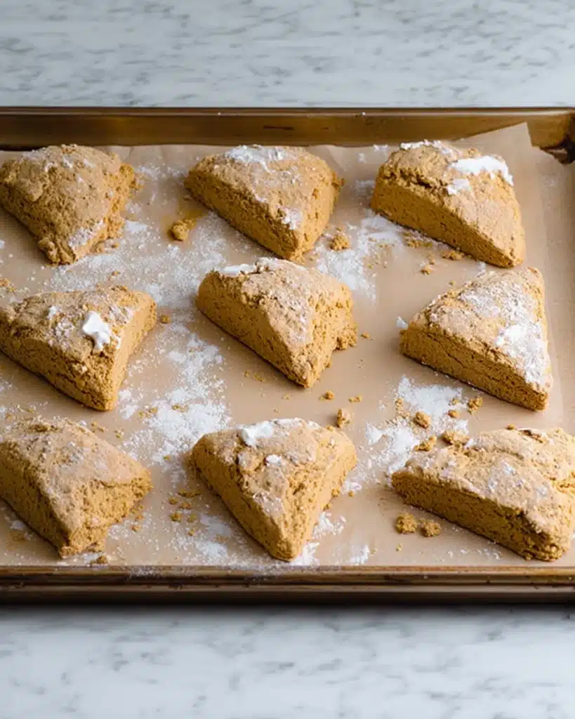 Pumpkin Scones Recipe – Perfect Fall Treat 9 Pumpkin scone wedges on parchment-lined baking sheet