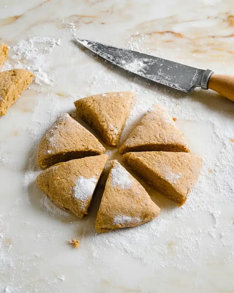 Pumpkin Scones Recipe – Perfect Fall Treat 8 Pumpkin scone dough cut into wedges on floured surface