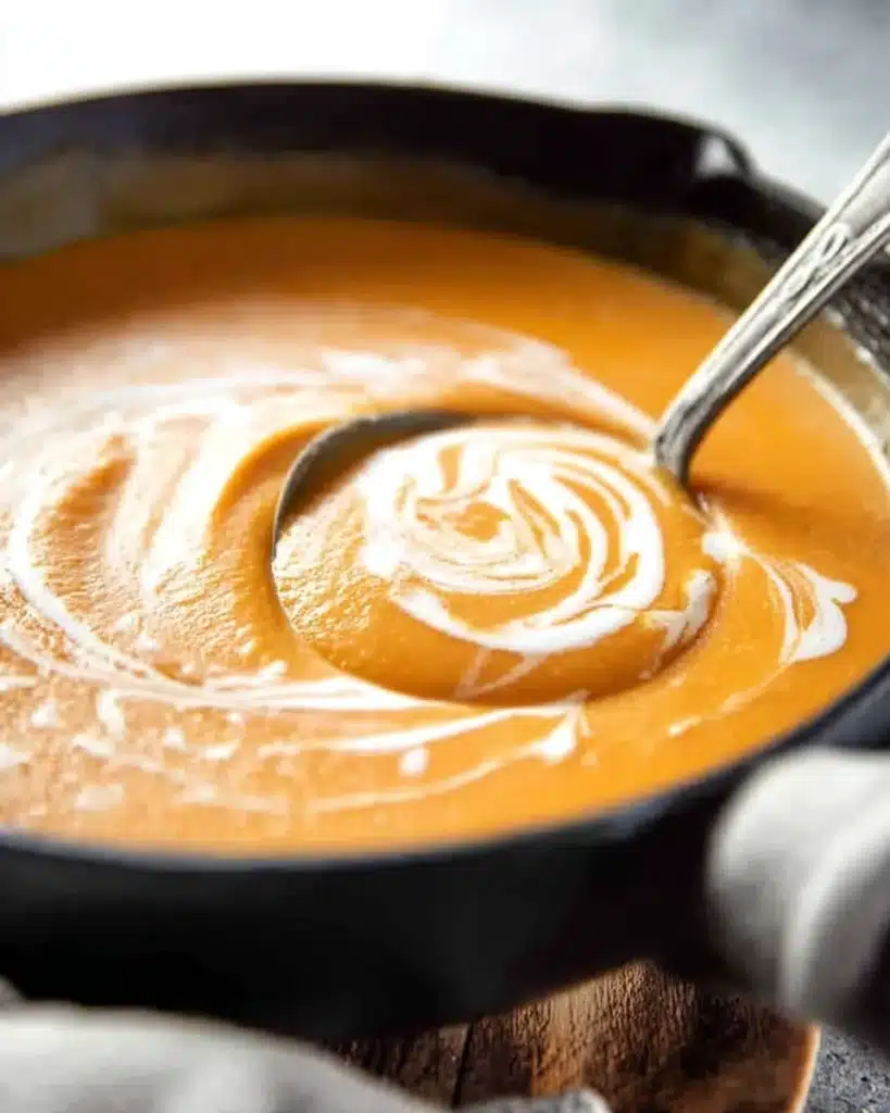 Pumpkin Soup 1 Creamy pumpkin soup in a black bowl with cream swirl and ladle