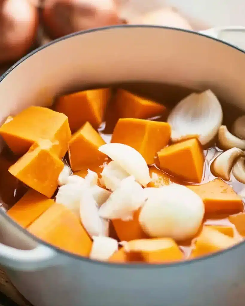 Pumpkin Soup 2 Pumpkin soup ingredients in pot with pumpkin, onion, and garlic