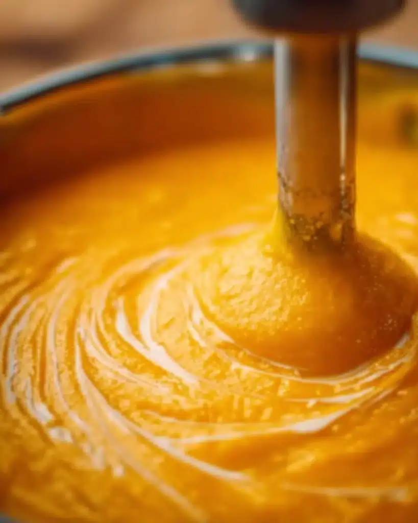 Pumpkin Soup 3 Pumpkin soup blending with immersion blender until smooth