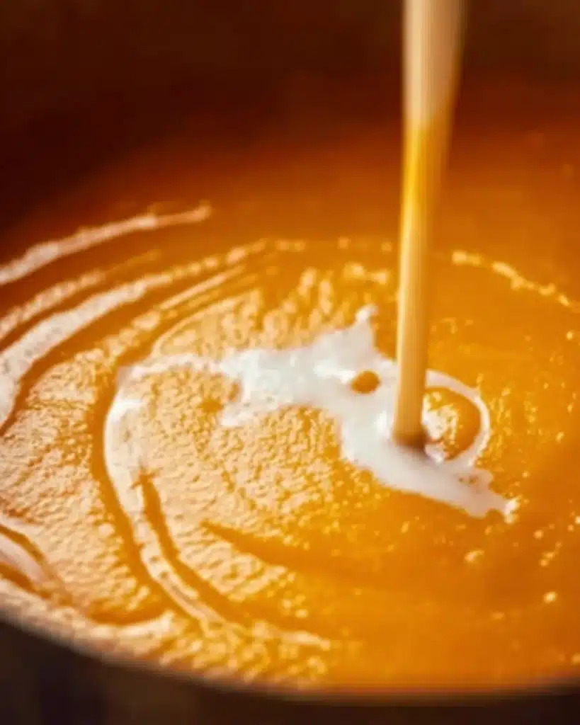 Pumpkin Soup 4 Cream being poured into blended pumpkin soup