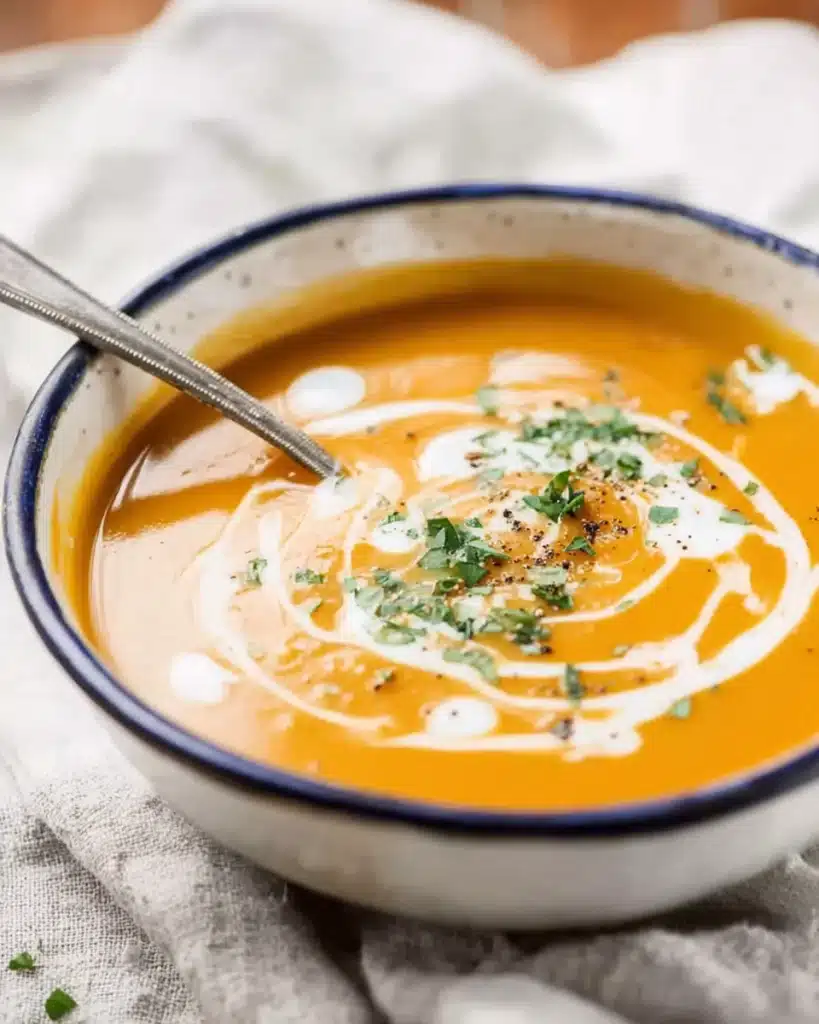 Pumpkin Soup 5 Pumpkin soup in bowl with cream swirl and herbs