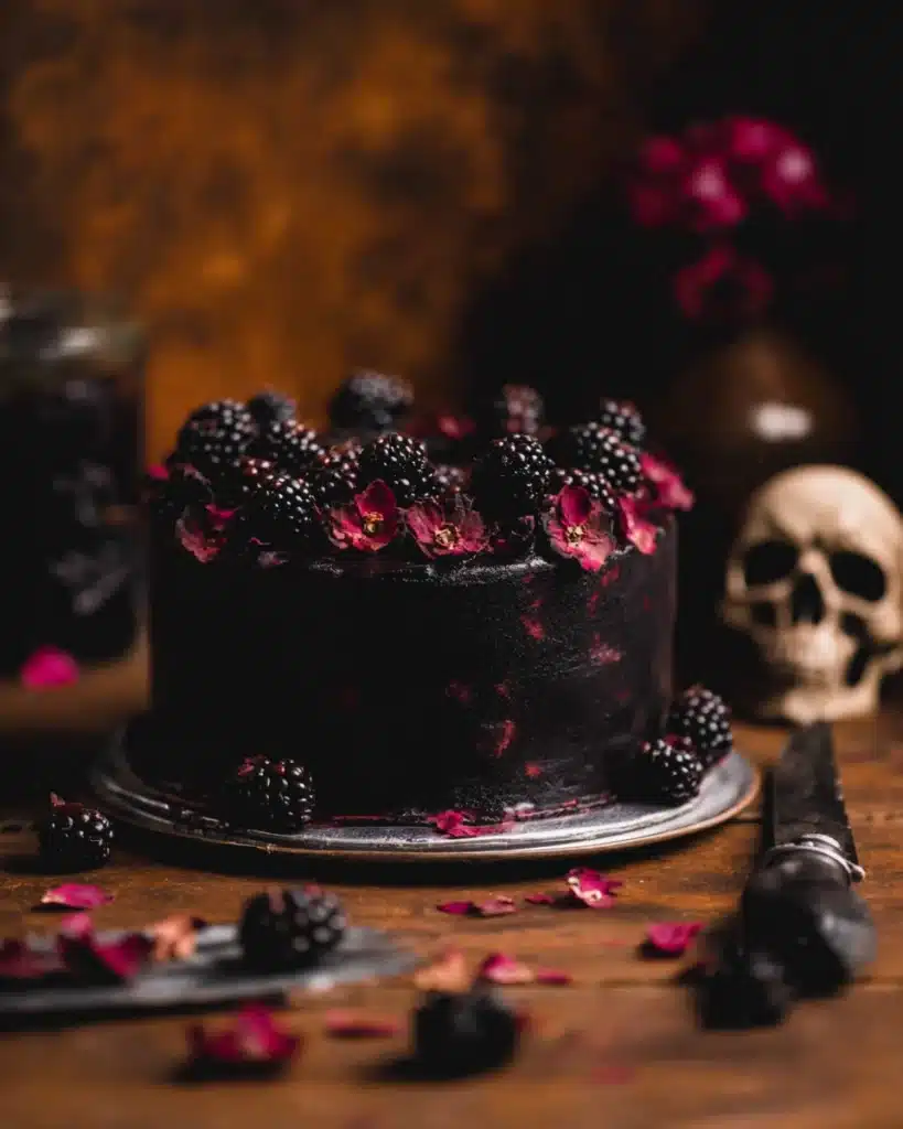 Spooky Black Velvet Halloween Cake 8 Spooky black velvet Halloween cake with chocolate skulls and blackberries