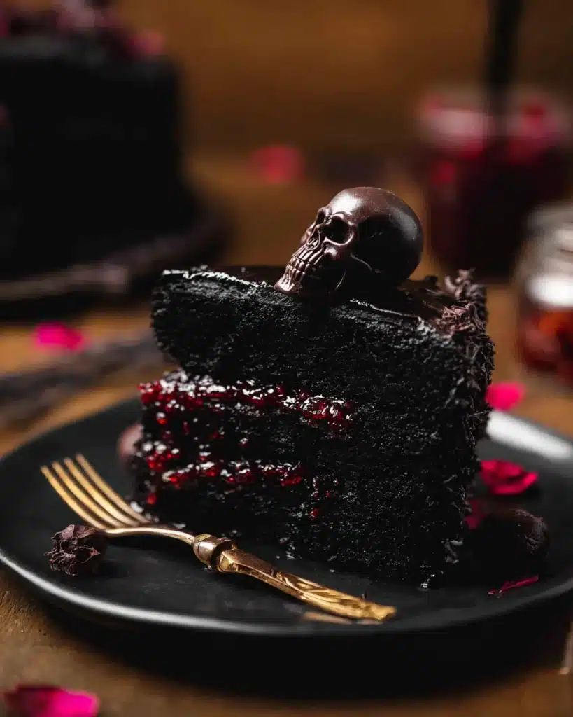 Spooky Black Velvet Halloween Cake 9 Slice of spooky black velvet Halloween cake with chocolate skull