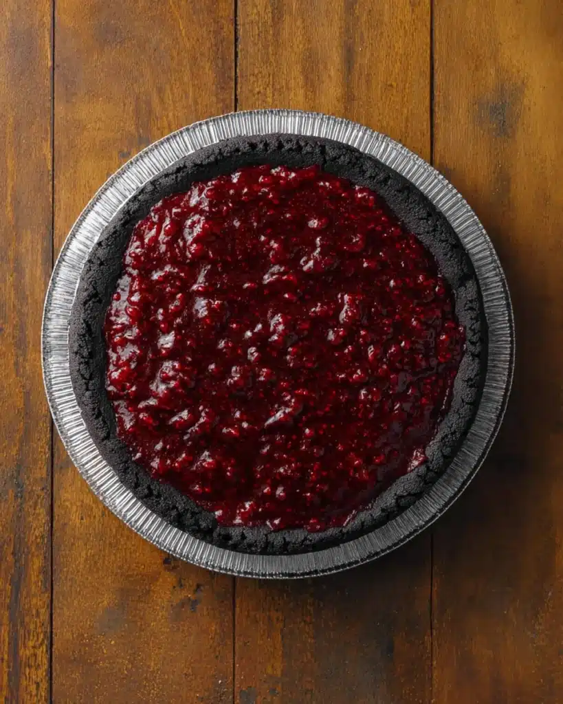 Spooky Black Velvet Halloween Cake 7 Black velvet Halloween cake layer topped with glossy blackberry compote