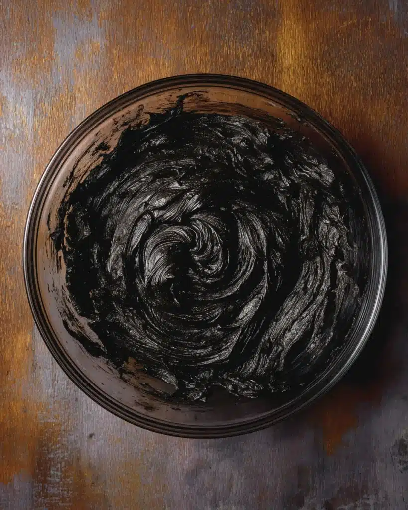 Spooky Black Velvet Halloween Cake 5 Black cocoa frosting for spooky Halloween cake in glass bowl