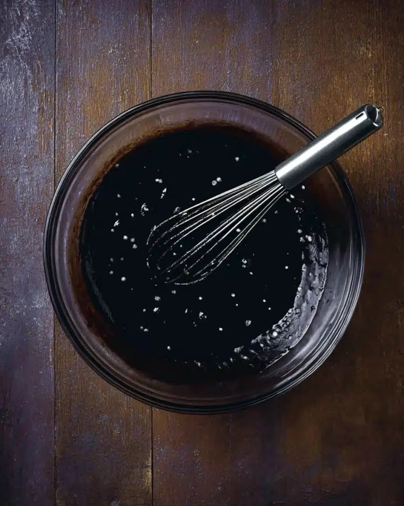 Spooky Black Velvet Halloween Cake 3 Smooth black velvet Halloween cake batter with whisk in glass bowl