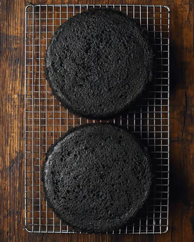 Spooky Black Velvet Halloween Cake 4 Black velvet Halloween cake layers cooling on wire rack