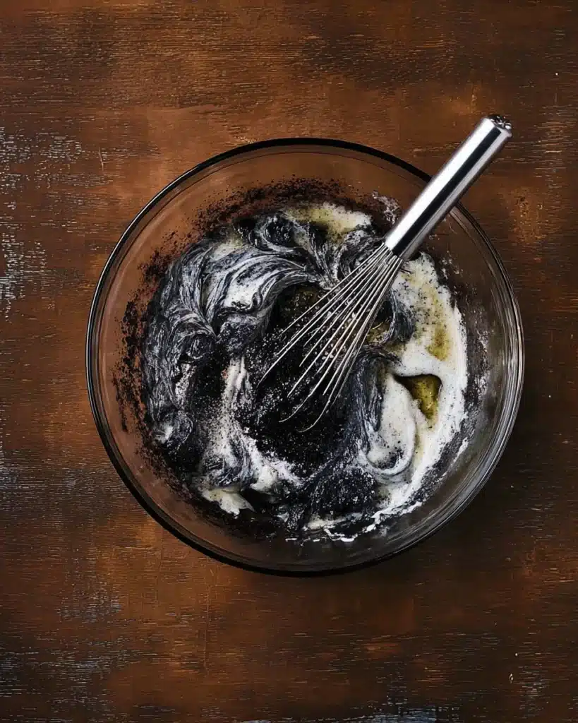 Spooky Black Velvet Halloween Cake 2 Mixing black velvet Halloween cake batter with whisk in glass bowl