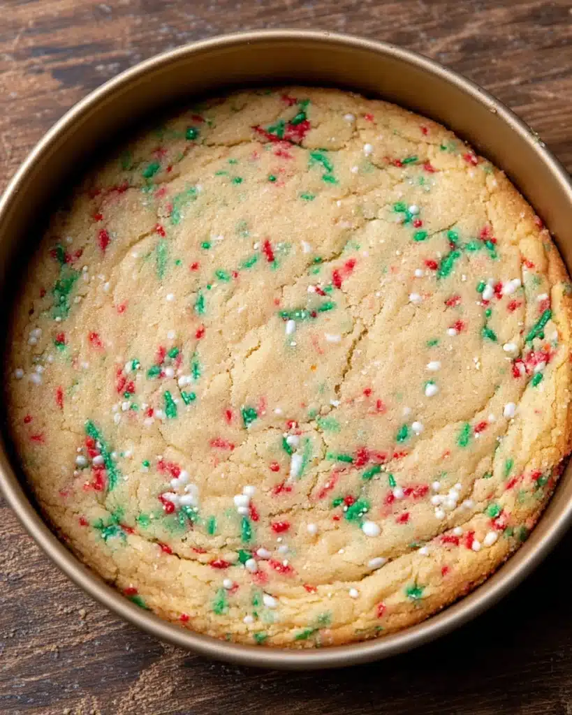 Baked sugar cookie cheesecake crust with festive sprinkles