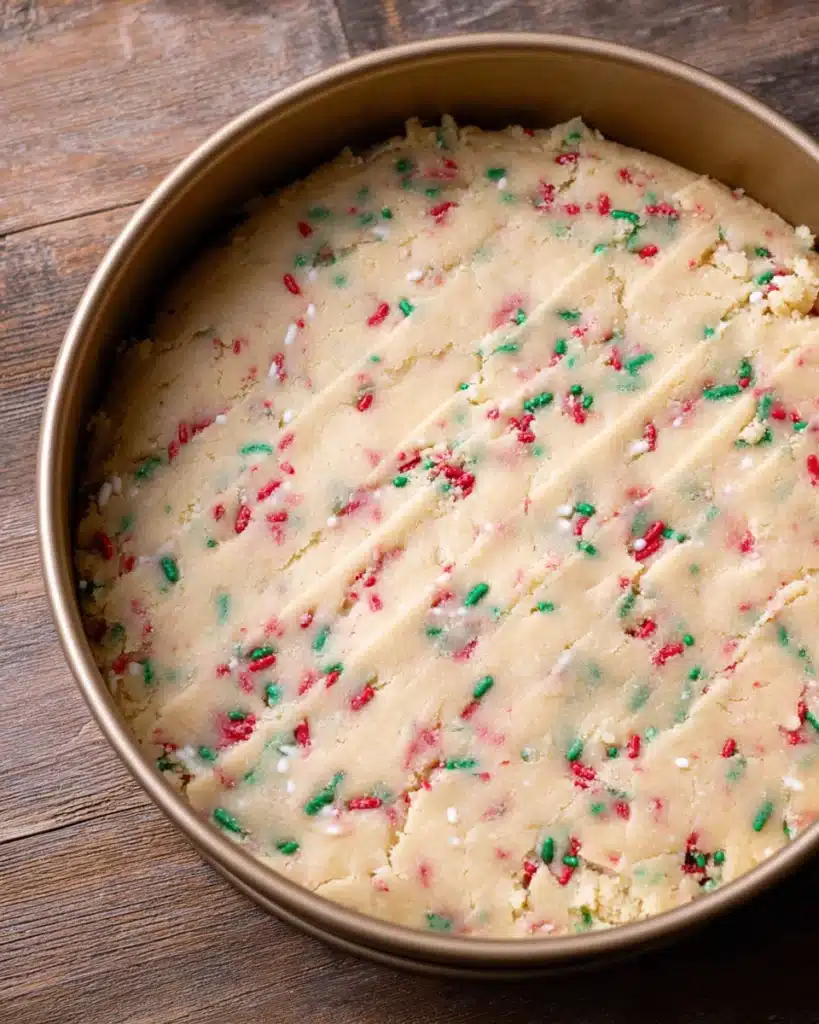 Sugar cookie cheesecake crust with sprinkles pressed in pan