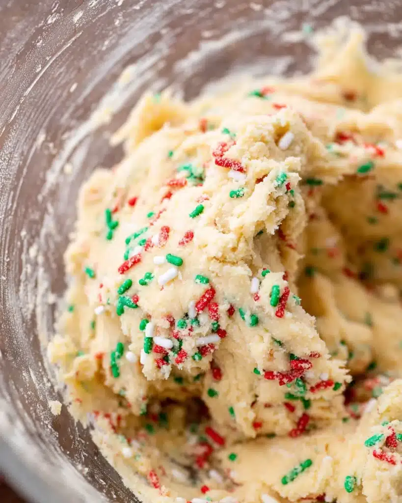 Sugar cookie cheesecake dough with festive sprinkles in bowl