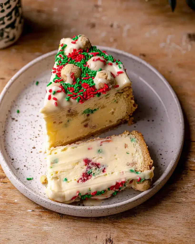 Sugar cookie cheesecake topped with ganache, cookie dough balls, and Christmas sprinkles
