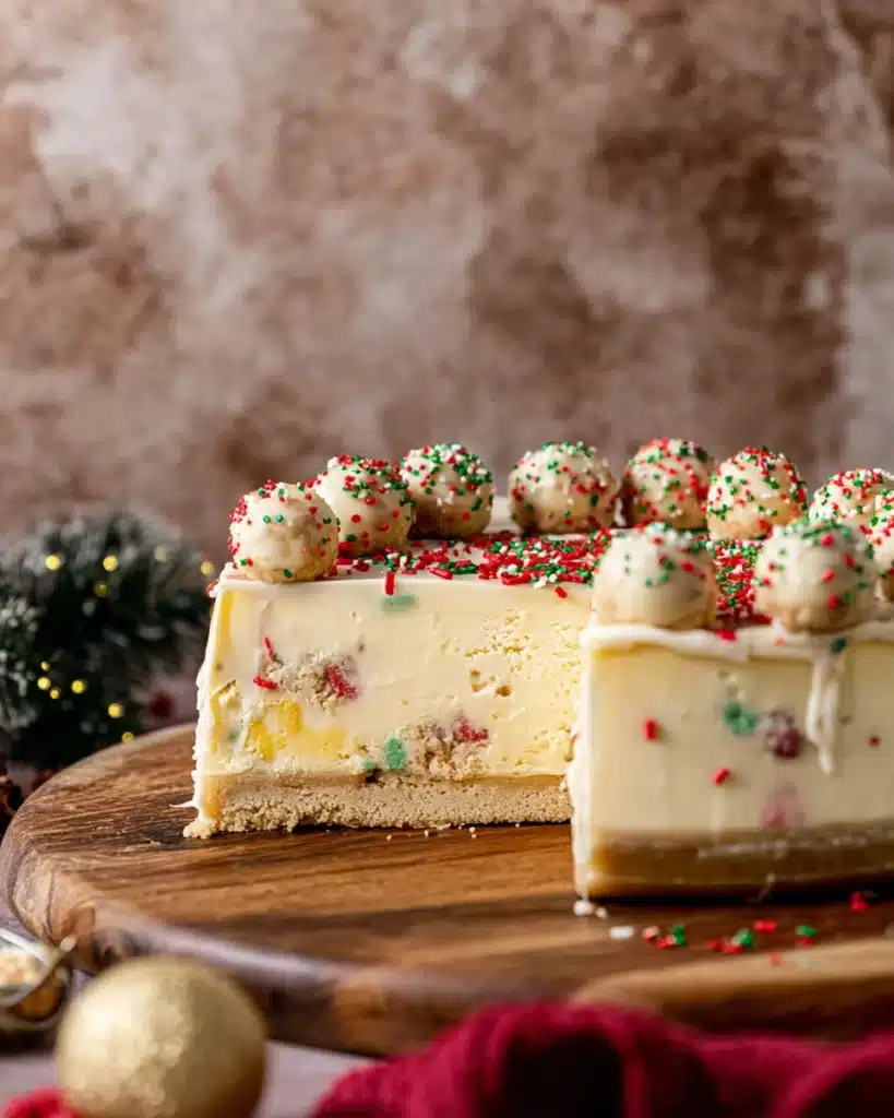 Festive sugar cookie cheesecake with ganache, sprinkles, and cookie dough balls
