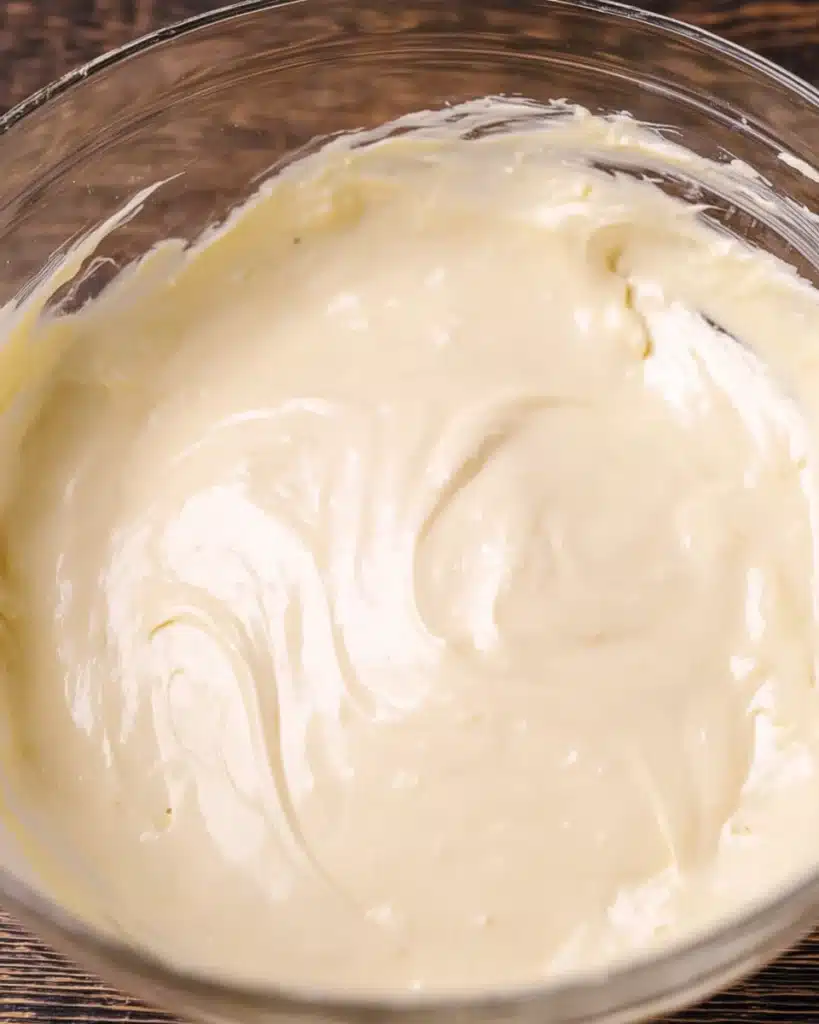 Creamy cheesecake batter for sugar cookie cheesecake in bowl