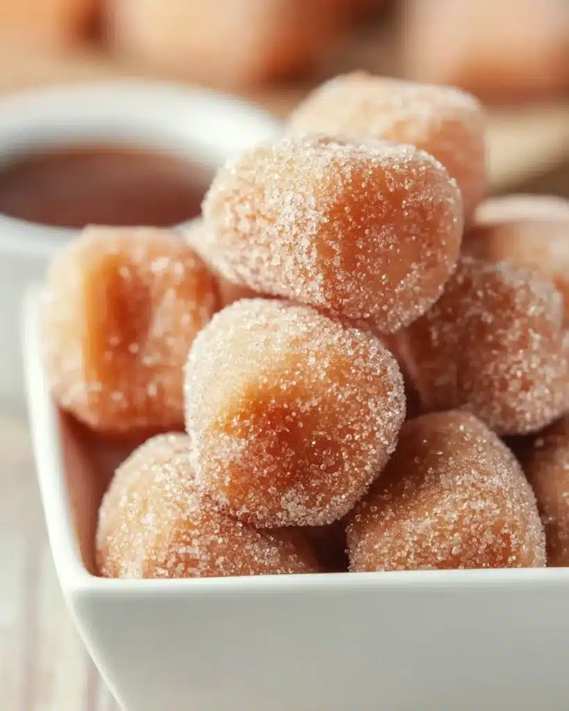 Sweet Air Fryer Churro Bites Recipe 6 Sweet Air Fryer Churro Bites coated in cinnamon sugar close-up