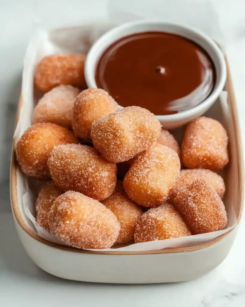 Sweet Air Fryer Churro Bites Recipe 1 Sweet air fryer churro bites with cinnamon sugar and chocolate dip