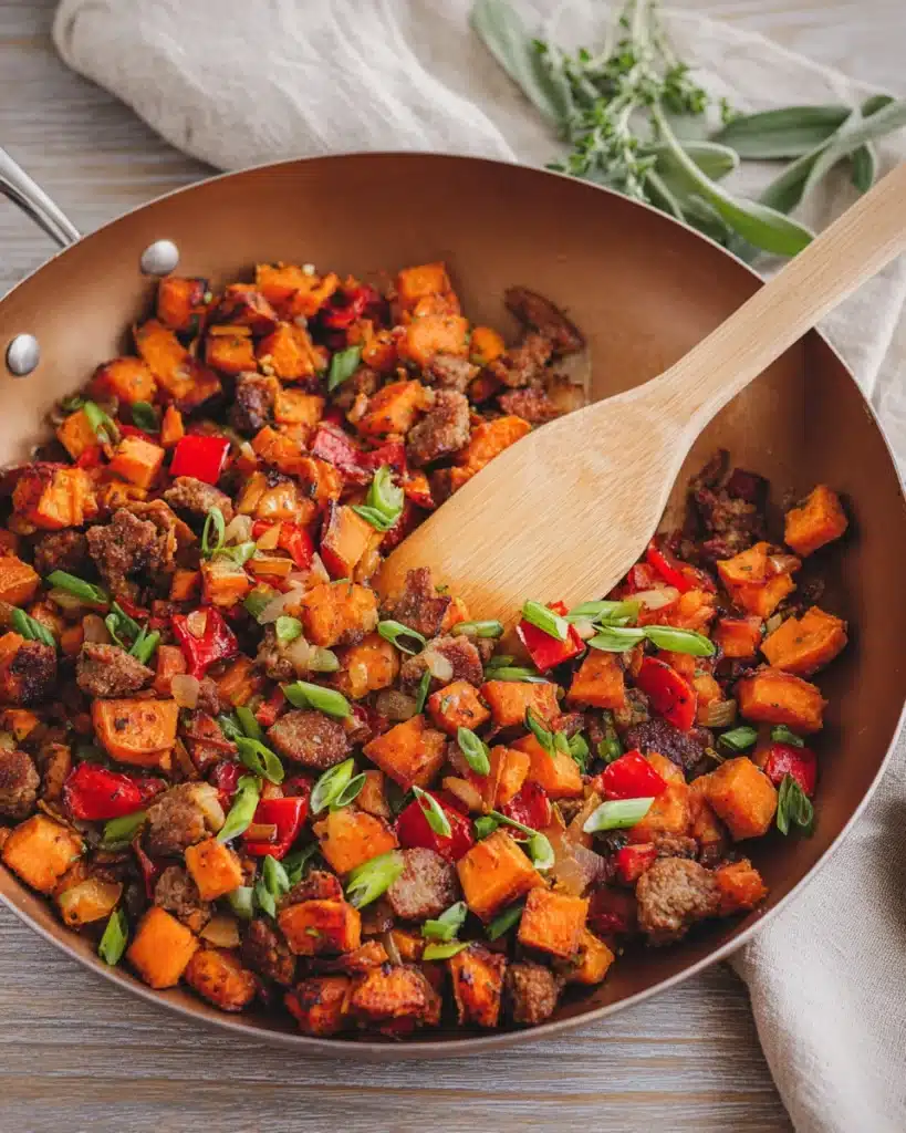 Sweet Potato Breakfast Hash (Thanksgiving Recipe) 2 Skillet of sweet potato breakfast hash with sausage and peppers