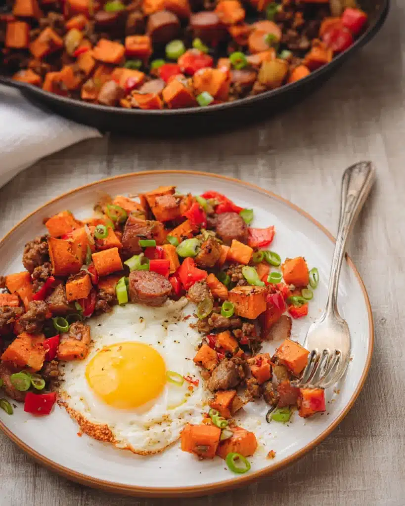 Sweet Potato Breakfast Hash (Thanksgiving Recipe) 5 Partially eaten sweet potato breakfast hash with fried egg on plate