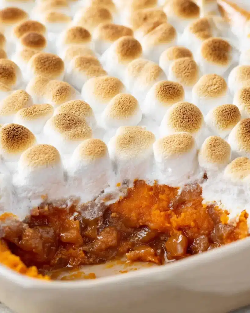 Sweet Potato Casserole with Marshmallows 8 Sweet potato casserole with marshmallows showing gooey filling