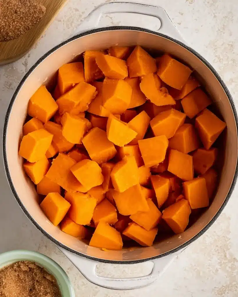 Sweet Potato Casserole with Marshmallows 2 Boiled sweet potato chunks in a pot ready to be mashed